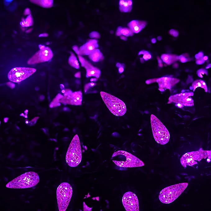 WATERGLIDE Halloween C6 String Lights, 33ft 100 LED Black Wire Fairy Lights with 29V Safe Adaptor, 8 Lighting Mode, Waterproof for Indoor Outdoor Patio Xmas Tree Party Decor, Purple