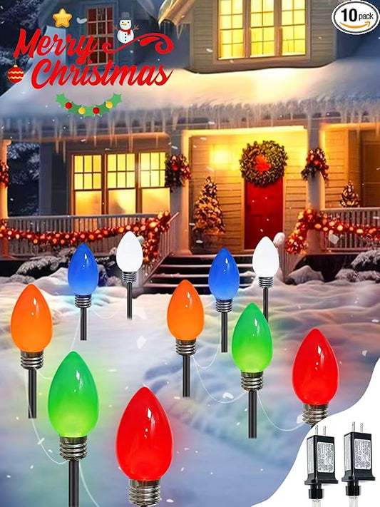10 Pack Large C9 Christmas Decorations Outdoor, Waterproof C9 Christmas Lights Plug in with 2 Modes and Timer, Pathway Light for Party Indoor Courtyard Patio Lawn Garden Xmas Decoration (Multicolor)