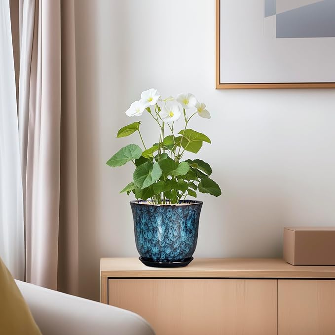 5.6 Inch Plant Pot - Ceramic Pots for Plants with Drainage Hole and Saucer, Round Succulent Flower Orchid Pot for Indoor Outdoor, Modern Planter, Home Room Decor, Gift for Plant Lover, Blue