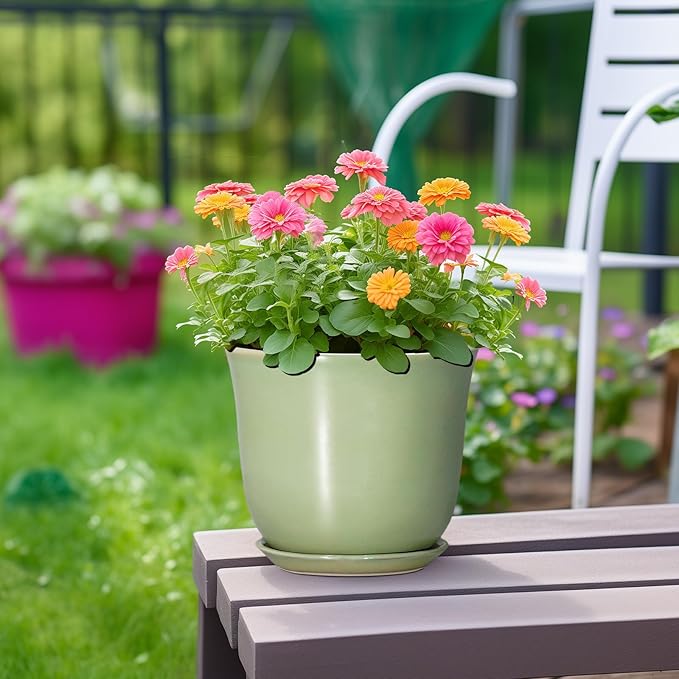 Ceramic Flower Pots - 8 Inch Plant Pot Drainage Hole and Saucer, Round Plant Pot with for Indoor Outdoor, Modern Planter, Decorative Planter, Home Porch Room Decor, Housewarming Gift, Green