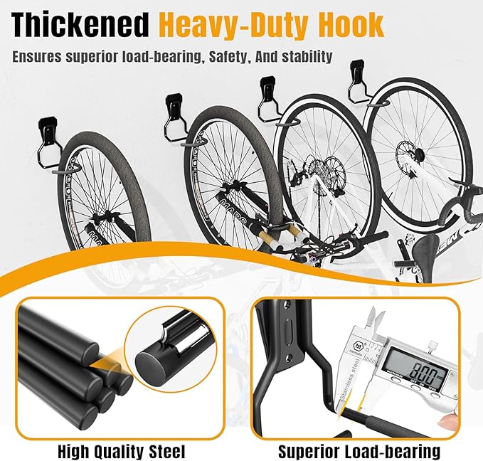 Wall Mount Bike Hooks Bike Hooks for Garage Vertical Bike Hanger for Indoor Use Heavy Duty with 8mm Thick Steel Frame 6PCS Storage System Black