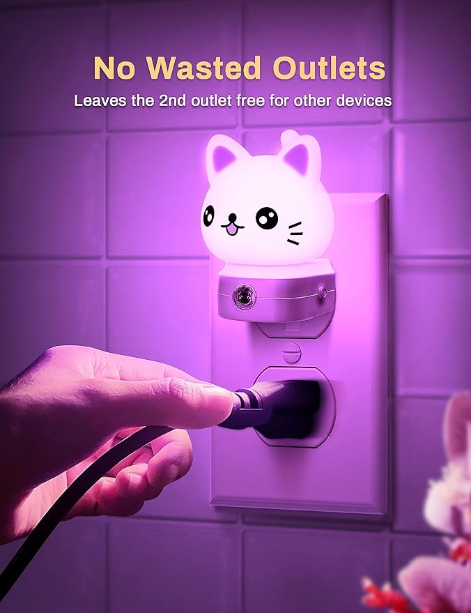 Cat Night Lights Plug Into Wall, Cute Night Light for Kids, 8-Color RGB LED Night Light with Dusk to Dawn Sensor, Nightlight for Kids Room, Bathroom, Bedroom Décor, Children Gift