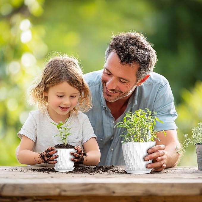 7/6.5/6/5.5/5/4.5/4 inch Plant Pots for Indoor Outdoor Plants, 7 Pack Thick Flower Pots with Drainage Holes and Saucers, Modern Wave Texture Plastic Planter Pots for Nursery, Succulent, White