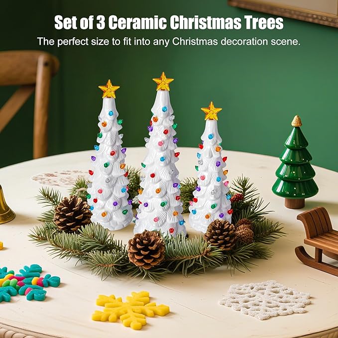 Brightown Lighted Ceramic Christmas Tree Set of 3, Pre-Lit Hand-Painted Tabletop Christmas Tree with Multicolored LED Lights, Battery Operated Vintage Ceramic Tree for Home Table Holiday Decor, White