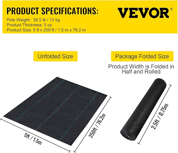 VEVOR Weed Barrier Landscape Fabric, Heavy Duty 5x250FT 5oz Woven Garden Fabric Weed Barrier, Weed Control Fabric Ground Cover, Geotextile Fabric, Weed Block Gardening Mat, Driveway Fabric Landscaping