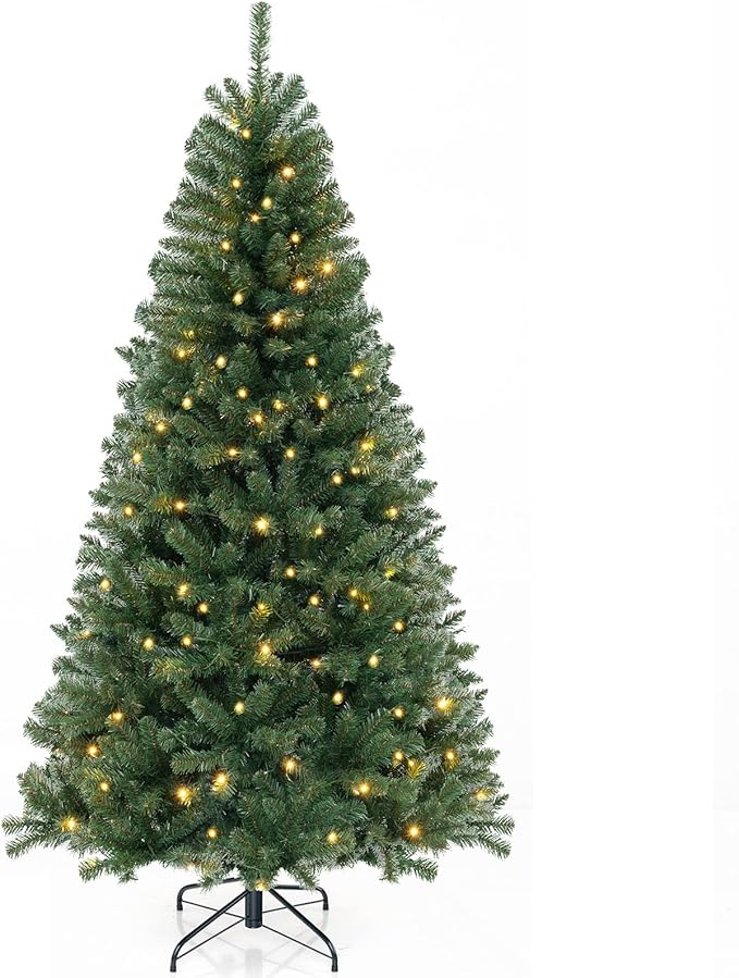 GOFLAME 7FT Prelit Artificial Christmas Tree, Hinged Xmas Tree with 830 Branch Tips, 250 Warm White LED Lights, 8 Lighting Modes, Holiday Decoration Tree for Home Office Party