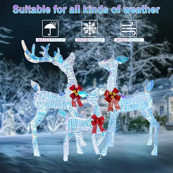50" Outdoor Lighted Iridescent Reindeer Christmas Decorations, 3-Piece Reindeer Family Set with 210 LEDs, Ground Stakes, Durable Weatherproof Metal Frame for Yard, Garden, Indoor Holiday Decor