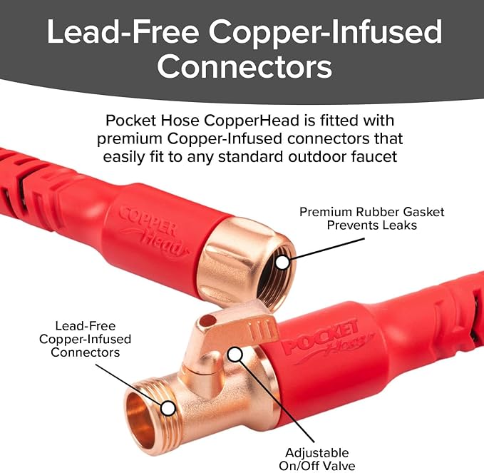 Pocket Hose Copper Head UV w/Pocket Pivot, Expandable Garden Hose 75 FT w/10 Pattern Thumb Sprayer AS-SEEN-ON-TV 650psi 3/4in Ultra-Light Solid Copper Anodized Aluminum Fittings No-Kink No-Lead