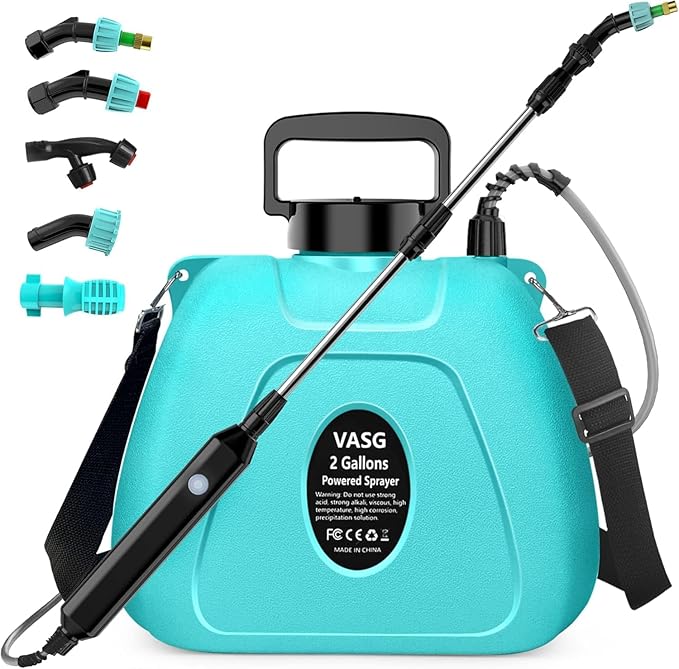 2 Gallon Battery Powered Garden Sprayer, Electric Sprayer, Weed Yard Lawn Sprayers with 5 Mist Nozzles & Retractable Wand & Adjustable Strap for Lawn, Garden, Yard (Teal)