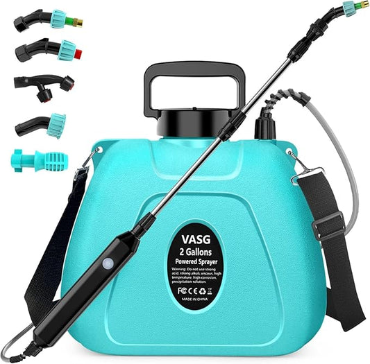 2 Gallon Battery Powered Garden Sprayer, Electric Sprayer, Weed Yard Lawn Sprayers with 5 Mist Nozzles & Retractable Wand & Adjustable Strap for Lawn, Garden, Yard (Teal)