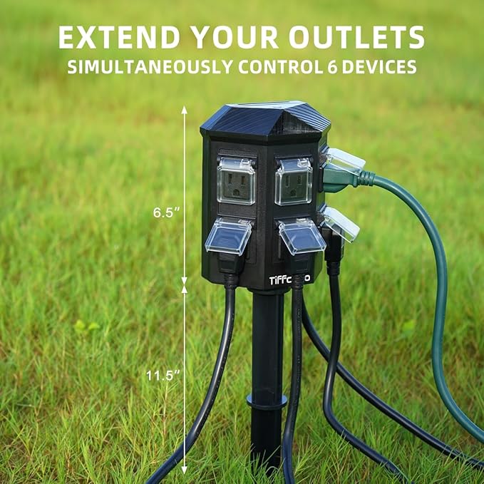 TiFFCOFiO Outdoor Power Strip with 60 FT Extension Cord, 100FT Remote Control, Dusk to Dawn Light Timer Waterproof, 6 Grounded Outlets for Yard, Pool and Garden, ETL Listed