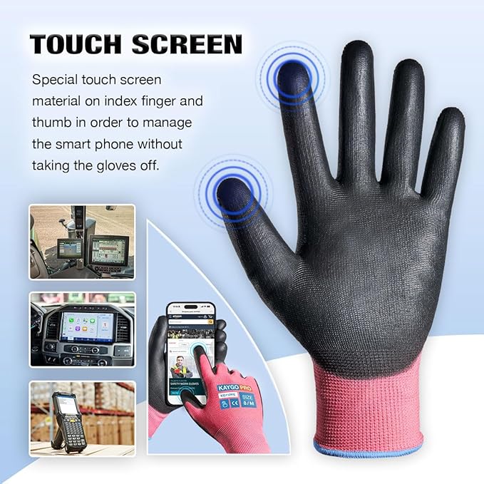 KAYGO Safety Work Gloves PU Coated for Men and Women- KG11PB,12 Pairs,Seamless Knit Glove with Two Fingers Touchscreen,Ideal for General Duty Work (M,Pink)