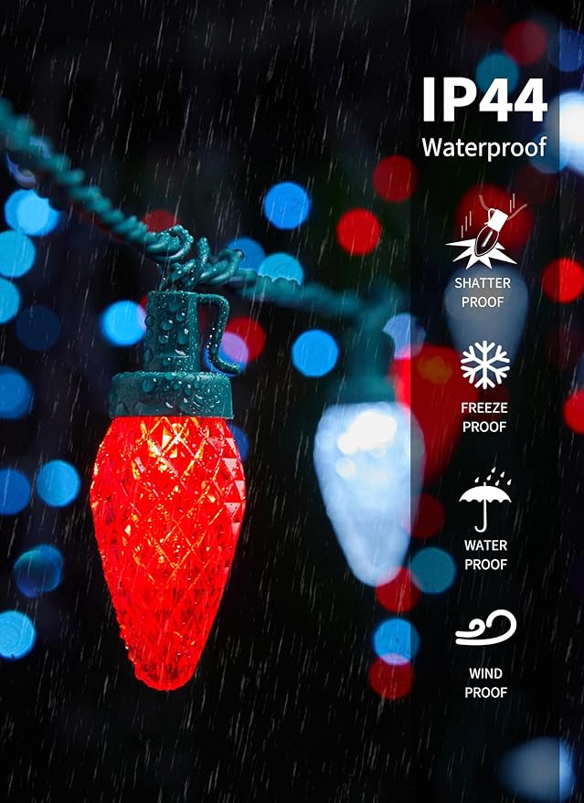 C9 LED Christmas Lights Outdoor, 81 Feet 100 LED String With Timer & 8 Light Mode, Waterproof Commercial Grade Christmas Tree for Outside Indoor Roofline Patio, Red & Pure White 2 Pack