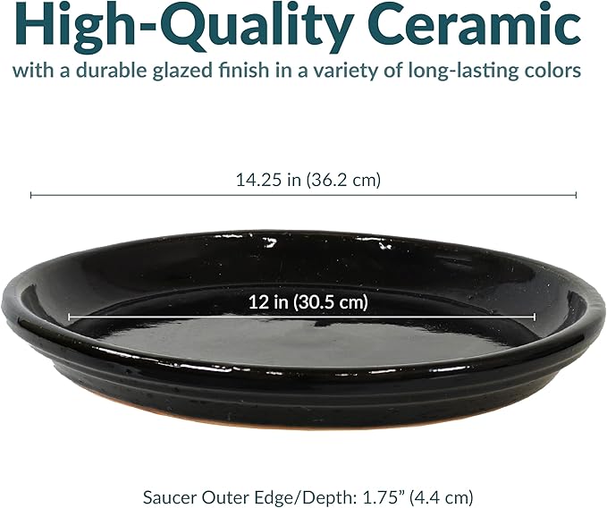 Sunnydaze 12-Inch Ceramic Plant Saucers - Plant Drip Trays for Outdoor Planter Flower Pot Drainage - Set of 2 - Obsidian