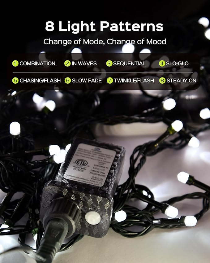 JACKYLED 110FT 300 LED White Christmas Lights Outdoor Waterproof, Indoor Christmas String Lights 8 Modes, Plug in Christmas Tree Lights for Room Wedding Holiday Christmas Decorations, Cool White