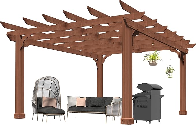 BlueWish 10' x 12' Patio Pergola, Cedar Wood Pergolas with Solid Structure, Pergola Kits, Outdoor Pergolas and Gazebos with Slatted Trellis Roof for Deck Backyard Grill Party Garden