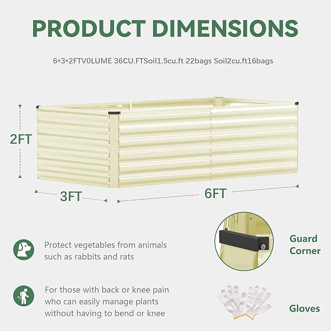 FOOWIN 4pcs 6x3x2ft Galvanized Raised Garden Bed, Planter Raised Garden Boxes Outdoor, Large Metal Raised Beds for Gardening, Garden Bed for Vegetables, Flowers, Herb,269 Gallon Capacity, Cream Yellow