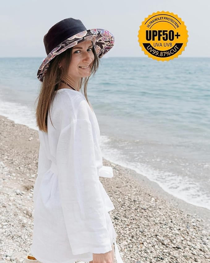 vidsel Womens Sun Hats Wide Brim Reversible Bucket Cotton Hat Packable Summer Travel Cap with Hat Clip,UV Protection