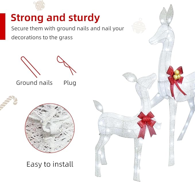 Lighted Christmas Decoration Deer 3 Piece, Light up Christmas Decor Reindeer Family Set for Indoor Outdoor Front Yard Porch with LED Lights, Plug, Ground Stakes - White