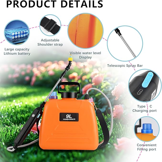 Battery Powered Sprayer, 2.4 Gallon Electric Garden Sprayer, Automatic Power Weed Spray Battery Operated with Adjustable Shoulder Strap and Rechargeable Handle for Yard, Lawn, 3 Mist Nozzles (Orange)