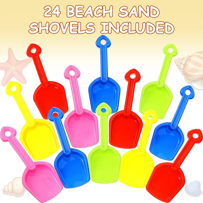 Junkin 24 Pcs 7.7 Inch Mini Plastic Sand Shovel Beach Toys Long Play Colorful Scoop Rake Sand Shovels for Beach and Garden Shoveling, Digging, Gardening, Random Colors