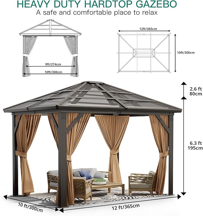 10X12 FT Outdoor Polycarbonate Hardtop Gazebo, Outdoor Gazebo with Mesh Nettings and Sunshade Curtains, Aluminium Frame Gazebo for Terrace, Courtyards, Lawn and Deck
