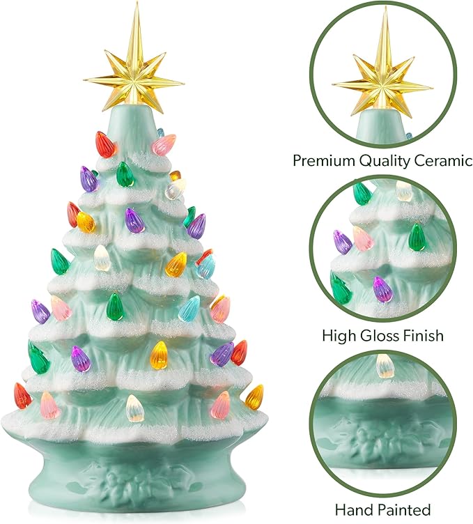 Casafield Hand Painted Ceramic Christmas Tree, Seafoam Snow Flocked 12-Inch Pre-Lit Tree with 100 Multi Color Lights and 2 Star Toppers