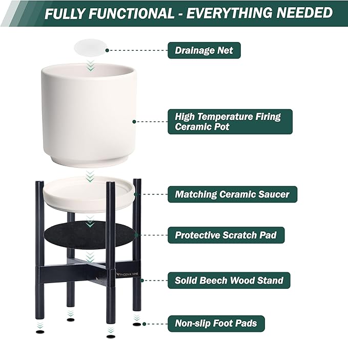 D'vine Dev Ceramic Planter with Ebony Stand - 8 Inch Modern Round Flower Pot with Wood Planter Holder, Oatmeal, 55-B-M-8