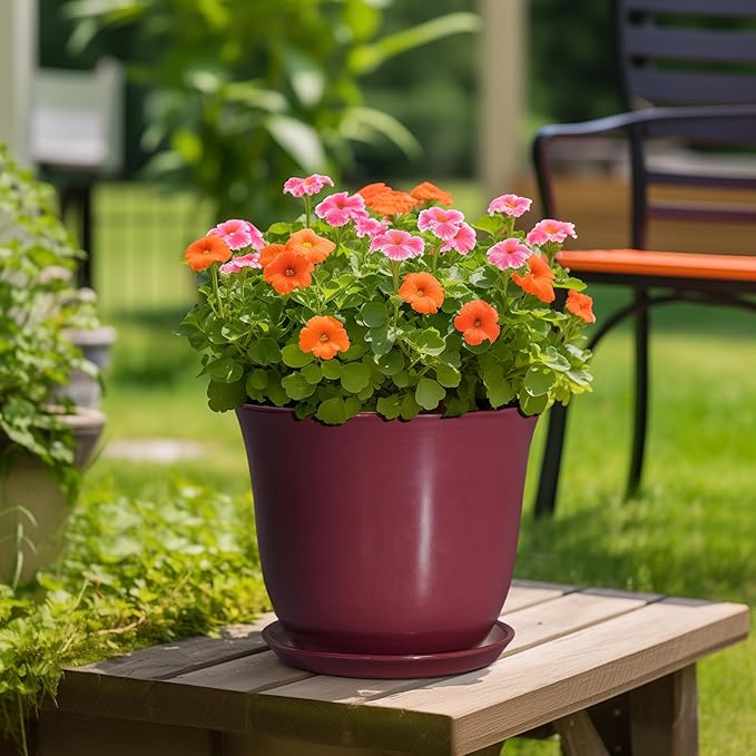 12 Inch Pots for Plants - Ceramic Planter for Indoor Outdoor, Round Plant Pot with Drainage Hole and Saucer, Large Planters, Modern Flower Pots, Home Room Office Decor, Gardening Gifts, Red