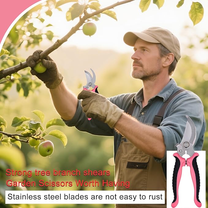 Pruning Shears Gardening Scissors Tools: 3pcs Outdoors&Indoor Garden Clippers, Rose Snips, Plant Clippers, Wood Pruner, Gardener Work Accessories for Flower Arrangement, Yard Landscaping (Pink)