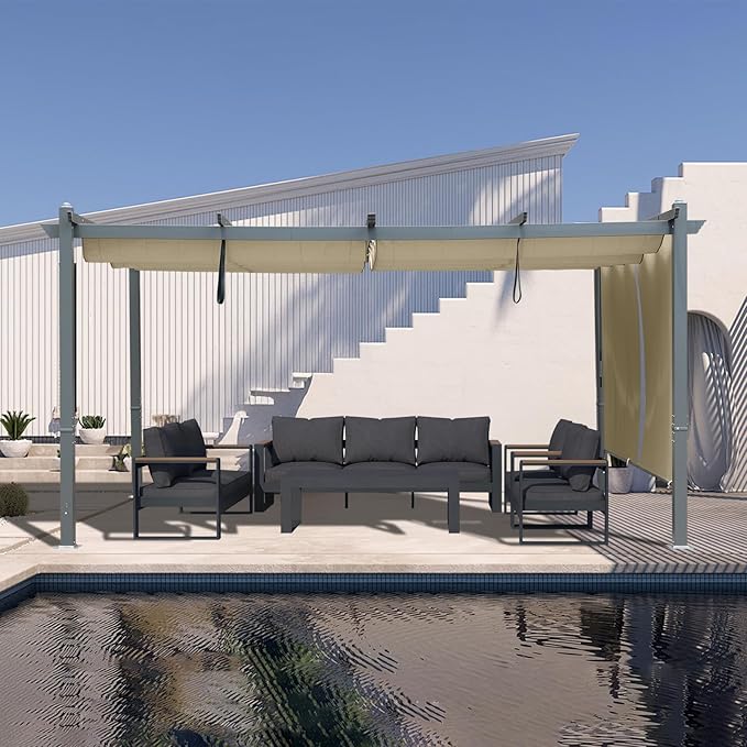 BPS 12x14 FT Outdoor Pergola - Retractable Shade Canopy with Aluminum Frame & Roller Shade Curtains for Patio, Backyard, or Deck, Khaki