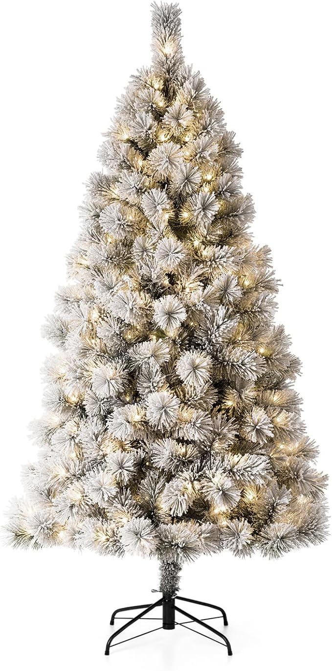 Glitzhome 6ft Pre-Lit Flocked Pencil Pine Artificial Christmas Tree with 300 Warm White Lights and Foldable Metal Stand for Home, Office, Party Decoration, Easy Assembly