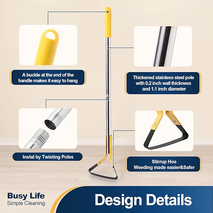 Yocada Hoe Garden Tool Hoe 61” Long Handle Stainless Steel Hoe Heavy Duty for Weeding Grass Roots Cutting Soil Loosening Ditching and Sowing Gardening