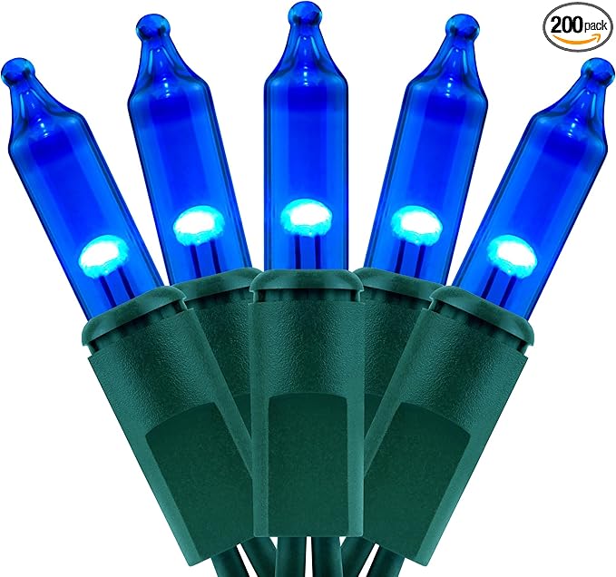 YULETIME 200 Blue Christmas Lights, Pack of 2 Strands of 21 ft 100 Count UL Certified Mini String Light (Blue - Green Wire)