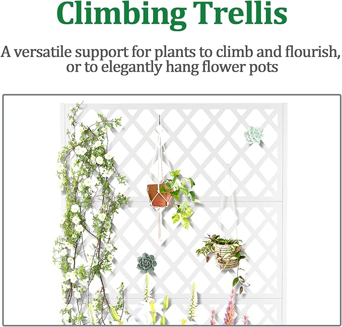 Metal Raised Garden Bed with Trellis and Wheels, 2 in 1 Trellis with Planter Box & Privacy Screen for Climbing Plants, Outdoor Standing Flower Beds with Drainage Holes, 47.2''L×15.7''W×70.9''H, White