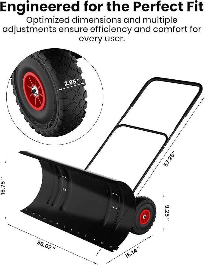 36" Snow Pusher Shovel with Wheels, Adjustable Ergonomic U-Handle Snow Plow for Driveway, Heavy Duty Wheeled Rolling Shovels for Driveway and Sidewalks with Angeled Blade