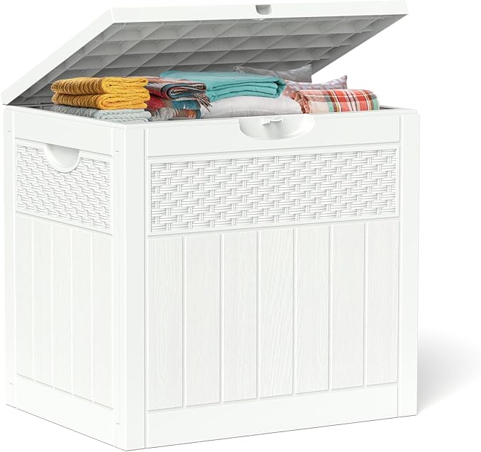 33 Gallon Resin Deck Box, Weatherproof Outdoor Storage Box for Patio, Garden and Yard, Lockable Waterproof Bin for Tools, Cushions, and Accessories, White