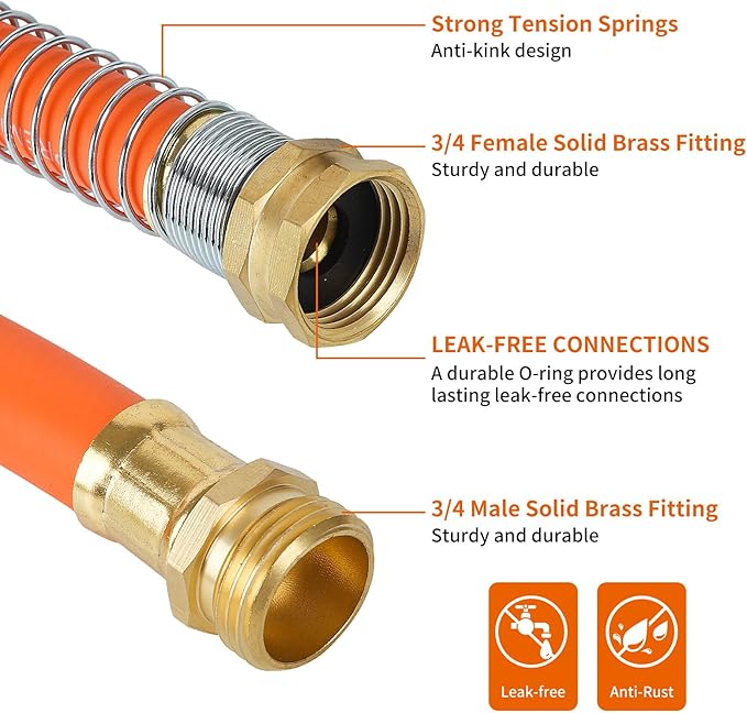Aain Rubber Garden Hose 5/8 in. x 50 ft with 3/4'' Male to Female Solid Brass Fittings Flexible Lightweight Water Hose for All-weather Outdoor, Car wash, Lawn 500 Burst PSI, Orange