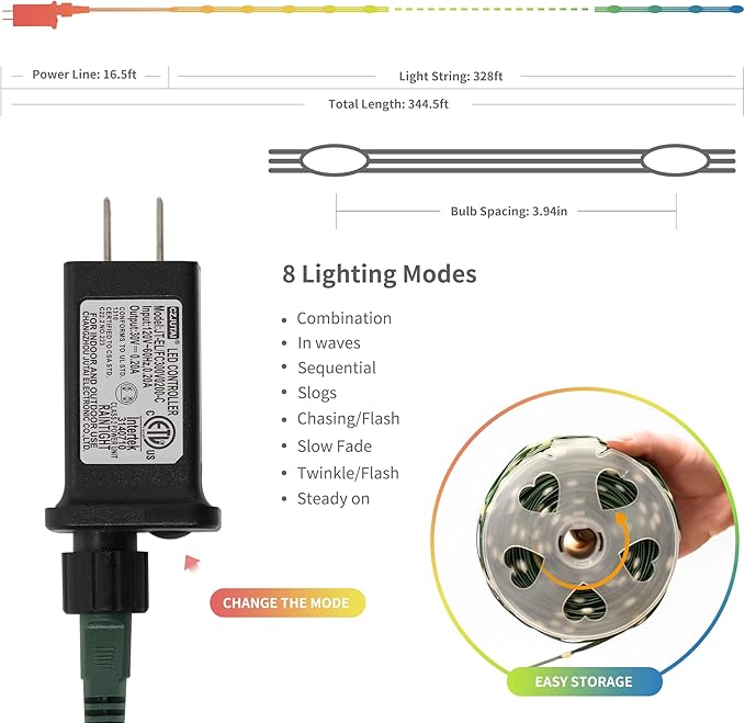 LJLNION 1000 LED Fairy String Lights, 328FT Long Outdoor Christmas Lights, Waterproof IP65 Green PVC Copper Wire Lights, 8 Lighting Modes Plug in for Xmas Tree Holiday Party Wedding Decor, Multicolor