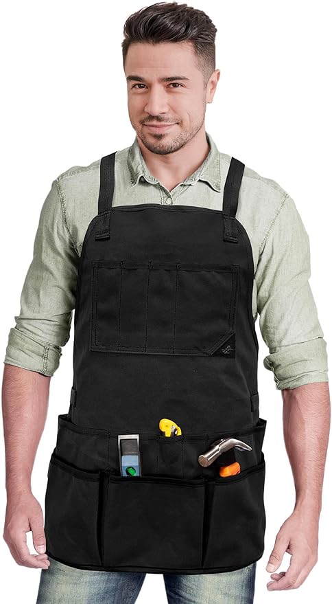 Under NY Sky Tool Apron - 20 Pockets and Slots, Cross-Back, Heavy-Duty Waxed Canvas - Woodwork, Garden, Shop (Black Cross-Back)
