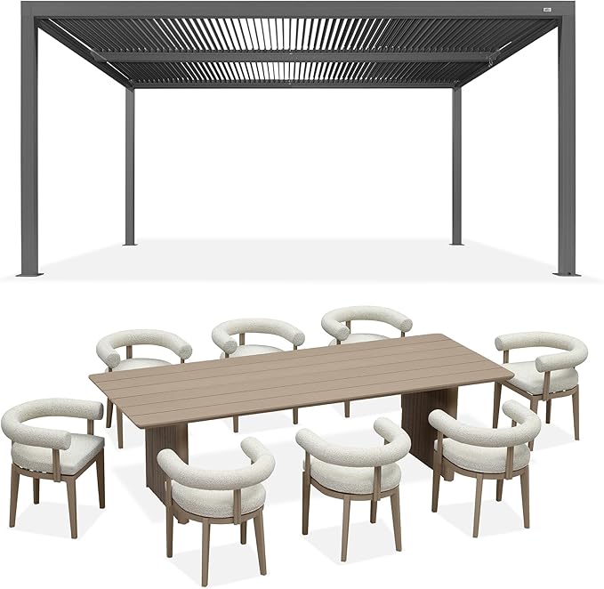 PURPLE LEAF Louvered Pergola 12' x 16' with 9 Pcs Modern Patio Dining Set Outdoor Full Aluminum Pergola with Adjustable Rainproof Roof Modern Patio Hardtop Gazebo for Deck Backyard Garden Slate Grey