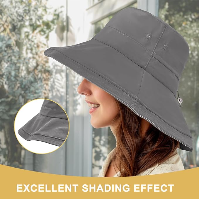 Sun Hats for Women Wide Brim Ponytail UV Protection Beach Hat Packable Waterproof Bucket Hat for Travel Hiking Gardening