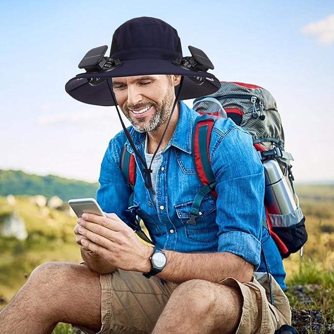 Wide Brim Solar Fan Outdoor Fishing Hat with 2 Solar Fan UPF 50+ Sun Bucket Hat Waterproof Breathable Fishing Hat Bucket Hat