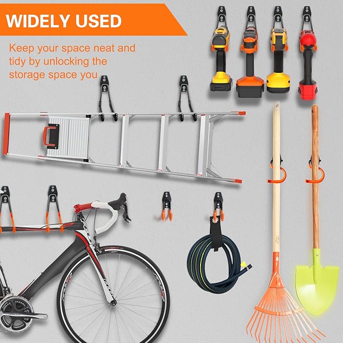 26 Pack Garage Hooks Heavy Duty Utility Steel with Anti-Slip Coating Wall Mount Storage Organizer for Hanging Power and Garden Tools, Ladders, Hose, Bikes, Ropes, Bulk Items, and More