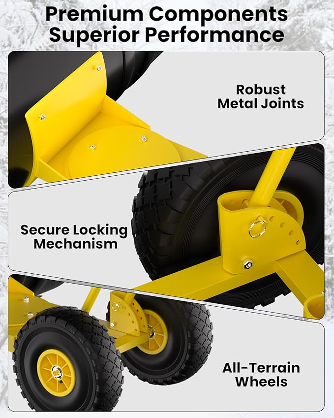 36" Snow Pusher Shovel with Wheels, Adjustable Ergonomic T-Handle Snow Plow for Driveway, Heavy Duty Wheeled Rolling Shovels for Driveway and Sidewalks with Angeled Blade