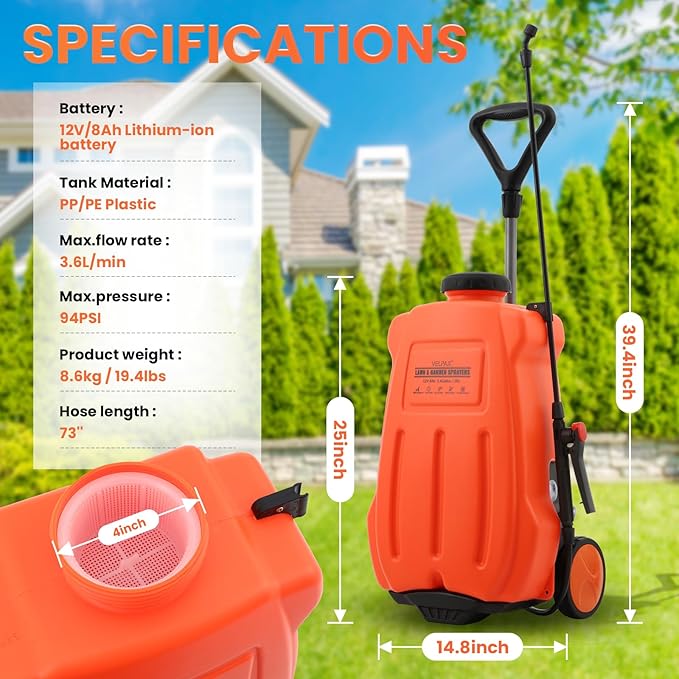 Battery Powered Backpack Sprayer 5.4 Gallon,Adjustable Wheeled Cart, 0-94 PSI,6 Hours Long Battery Life,12V 8Ah Battery,Backpack Sprayer with 4 Nozzles for Weeding, Spraying, Cleaning