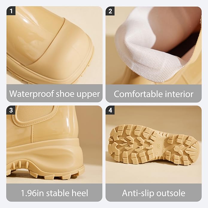 Women'S Waterproof Chunky Platform Chelsea Rain Boots Fashion Big Toe Comfort Slip-On Block Heel Outdoor Garden Work Ankle Boots Casual Lug Sole Non-Slip Combat Booties