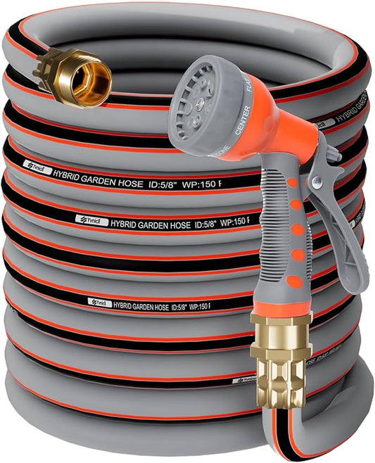 Garden Hose 50 ft 5/8,Rubber Water Hose Heavy Duty, Hybrid Durable Flexible Hose,Lightweight No Kink Hose for Outdoor Yard Lawn with Sprayer Nozzle and 3/4''Brass Solid Fittings