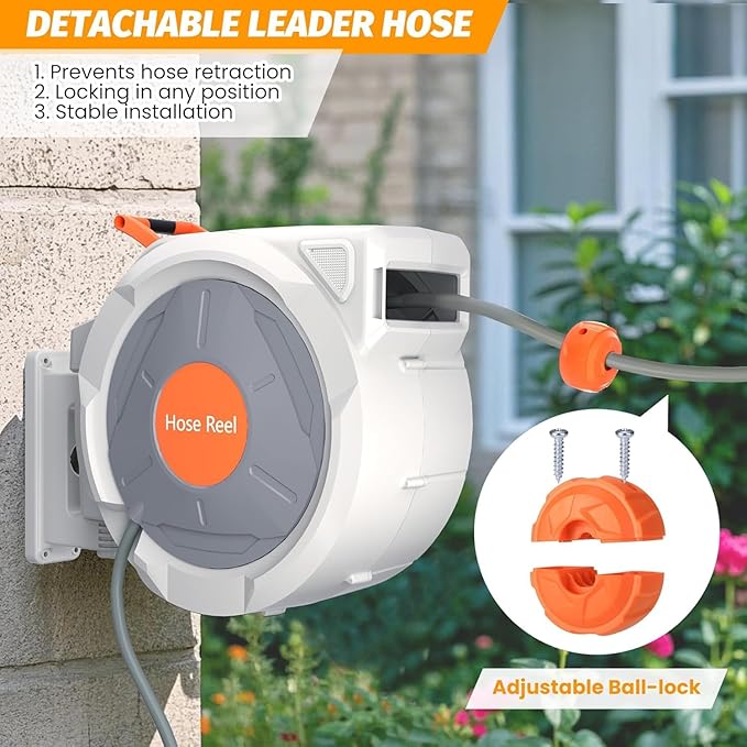 Retractable Garden Hose Reel, EliteEdge 1/2 In x 130 Ft With 9 Function Sprayer Nozzle, Any Length Lock, Automatic Rewind and Slow Return System, Wall Mounted and 180 Deg Swivel Bracket