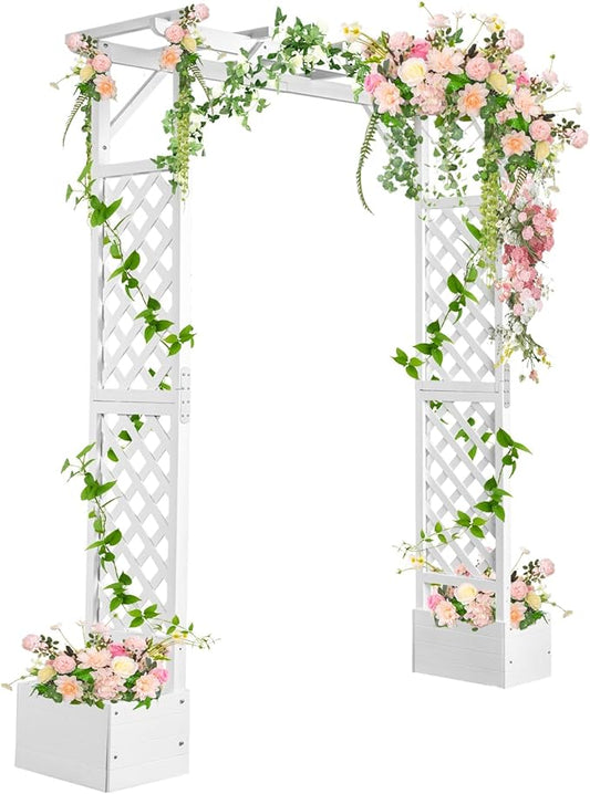 VINGLI Wooden Garden Arbor with Planter, Wedding Arch for Ceremony, Wood Garden Arbour Trellis for Plant Climbing, Pergola for Garden Backyard, Lawn, Outdoor (White)